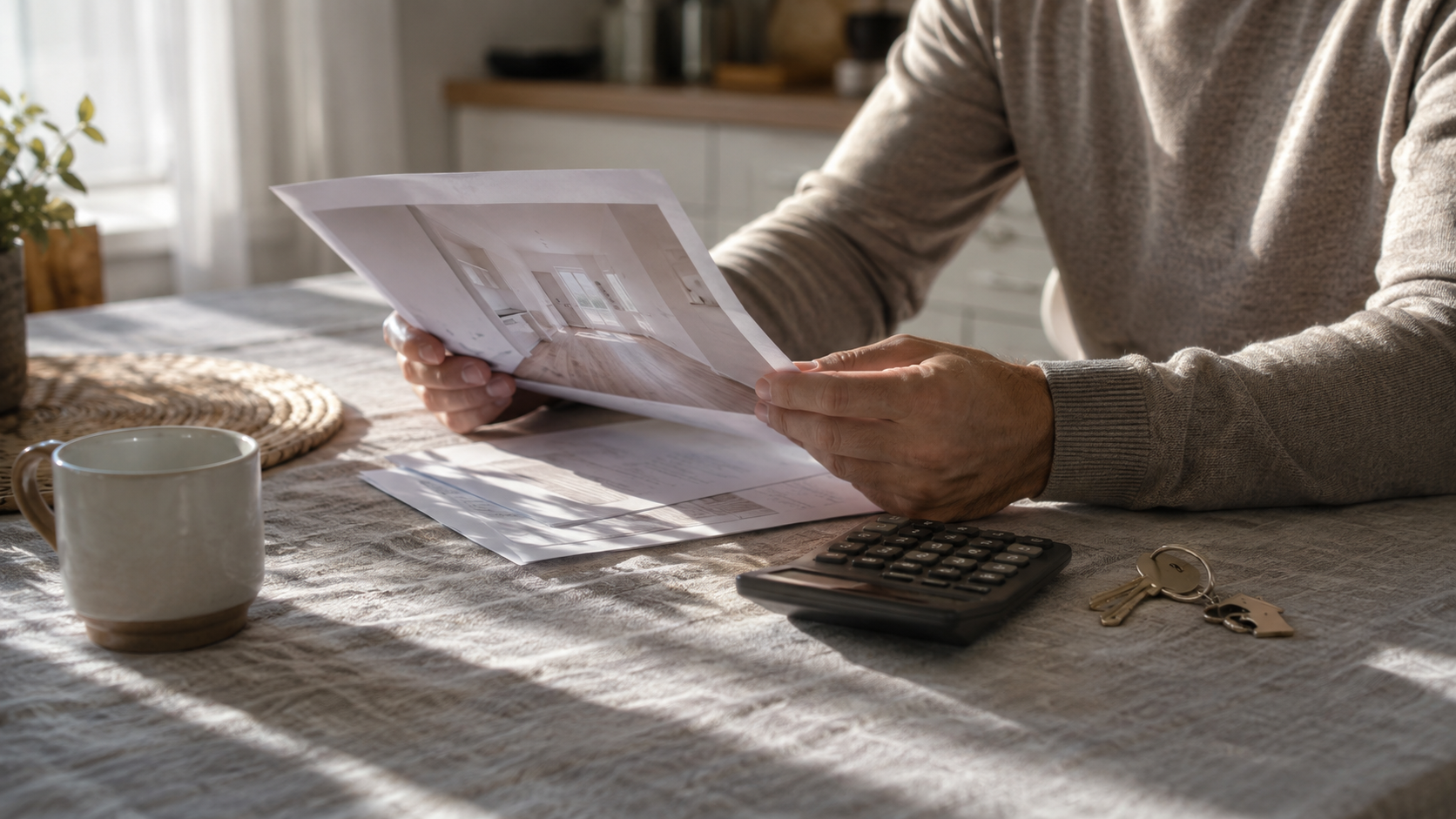 Deux mains tiennent une annonce de location imprimée et une calculatrice sur une table de cuisine, à côté d’un trousseau de clés.