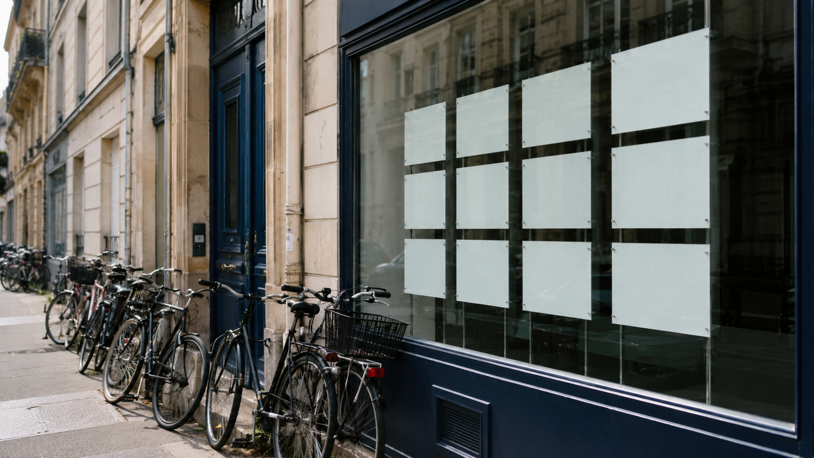 Façade d’un immeuble de ville universitaire française avec des annonces de location collées dans une vitrine et des vélos garés sur le trottoir.
