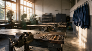 Atelier de lycée professionnel au petit matin, établis métalliques équipés d’étaux et bleus de travail suspendus au mur, lumière de grandes fenêtres