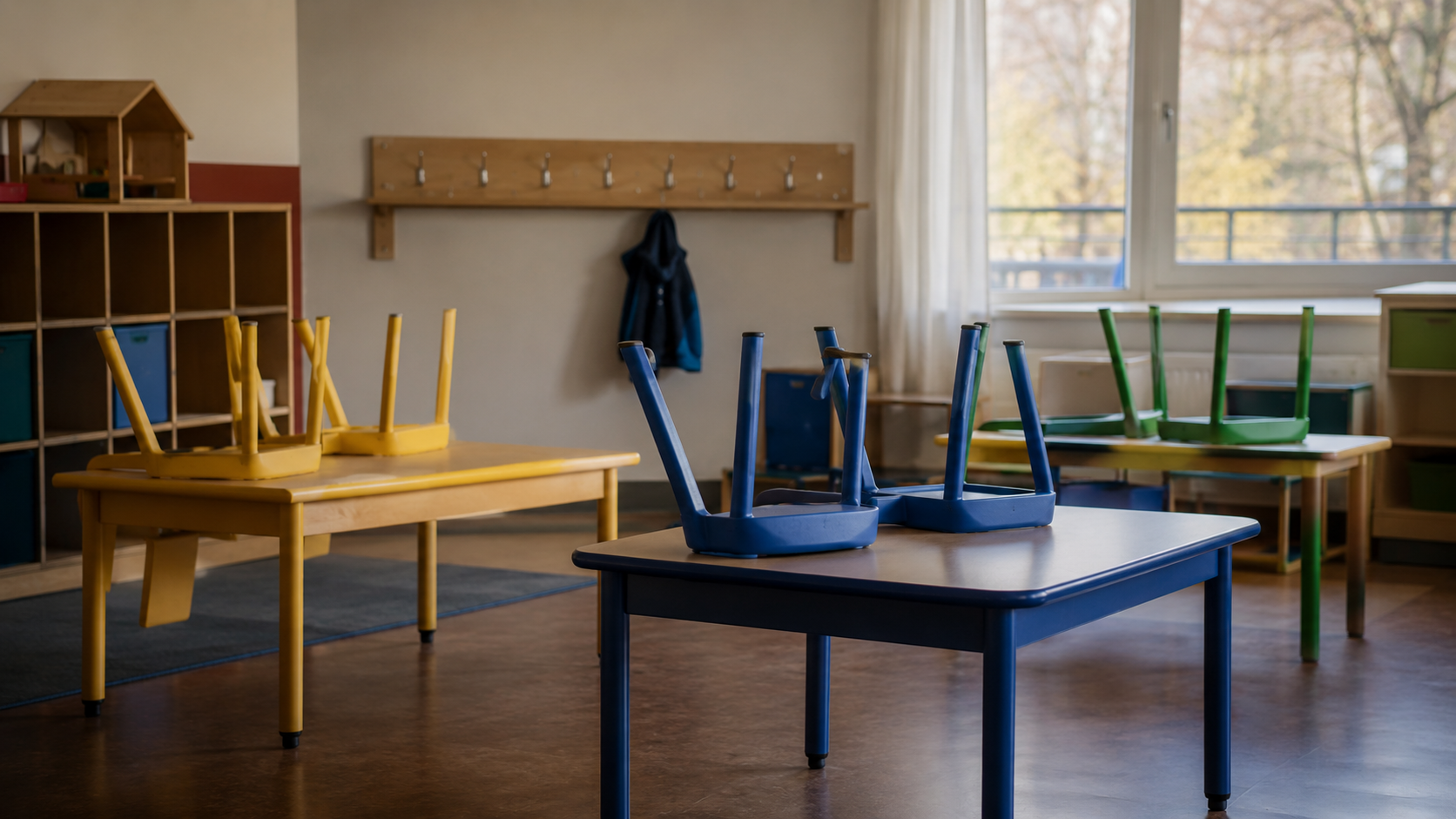Salle de classe de maternelle vide, petites chaises colorées retournées sur les tables et porte-manteaux dégarnis