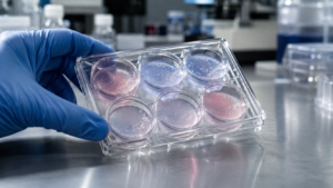 Main gantée inclinant une plaque de laboratoire contenant des gels de collagène translucides