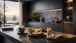 Cuisine moderne vide au petit matin, petit-déjeuner servi sur le plan de travail, aucune personne dans la pièce