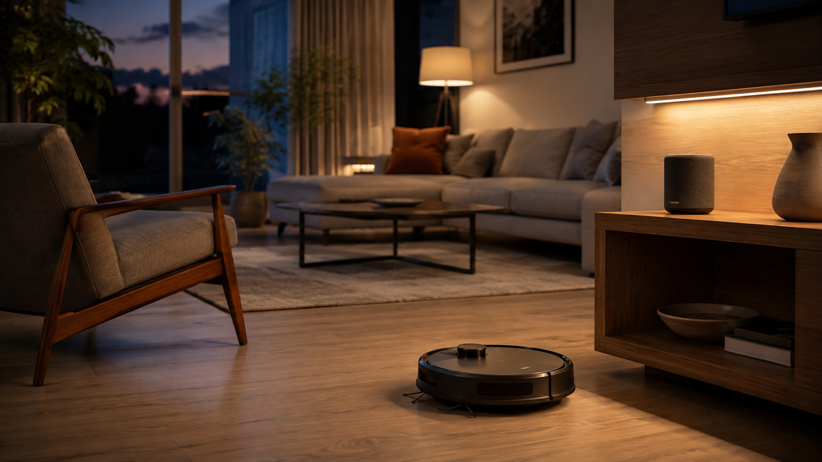 Salon éclairé le soir avec un robot aspirateur au sol, une enceinte connectée sur une étagère et un fauteuil vide