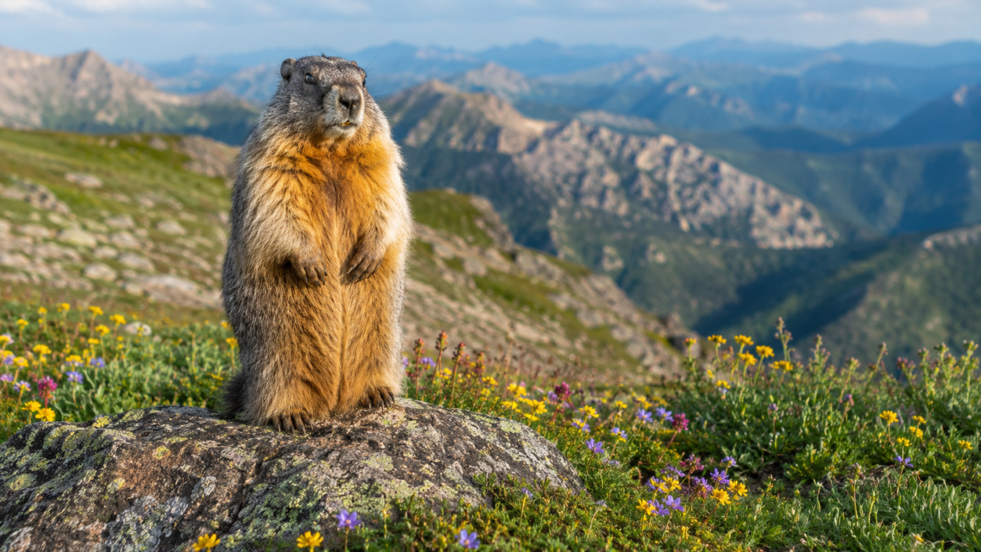Une marmotte à ventre jaune dressée sur un rocher, dans une prairie alpine fleurie du Colorado.