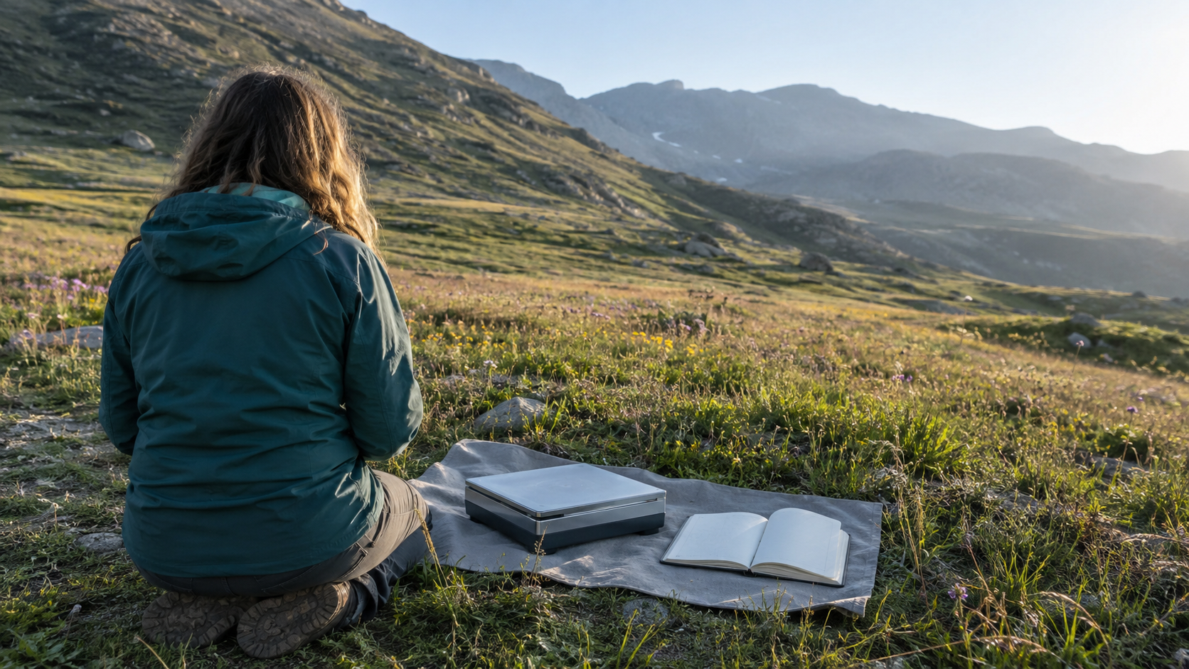 Un biologiste de terrain vu de dos, agenouillé près d’une balance et d’un carnet dans une prairie d’altitude.