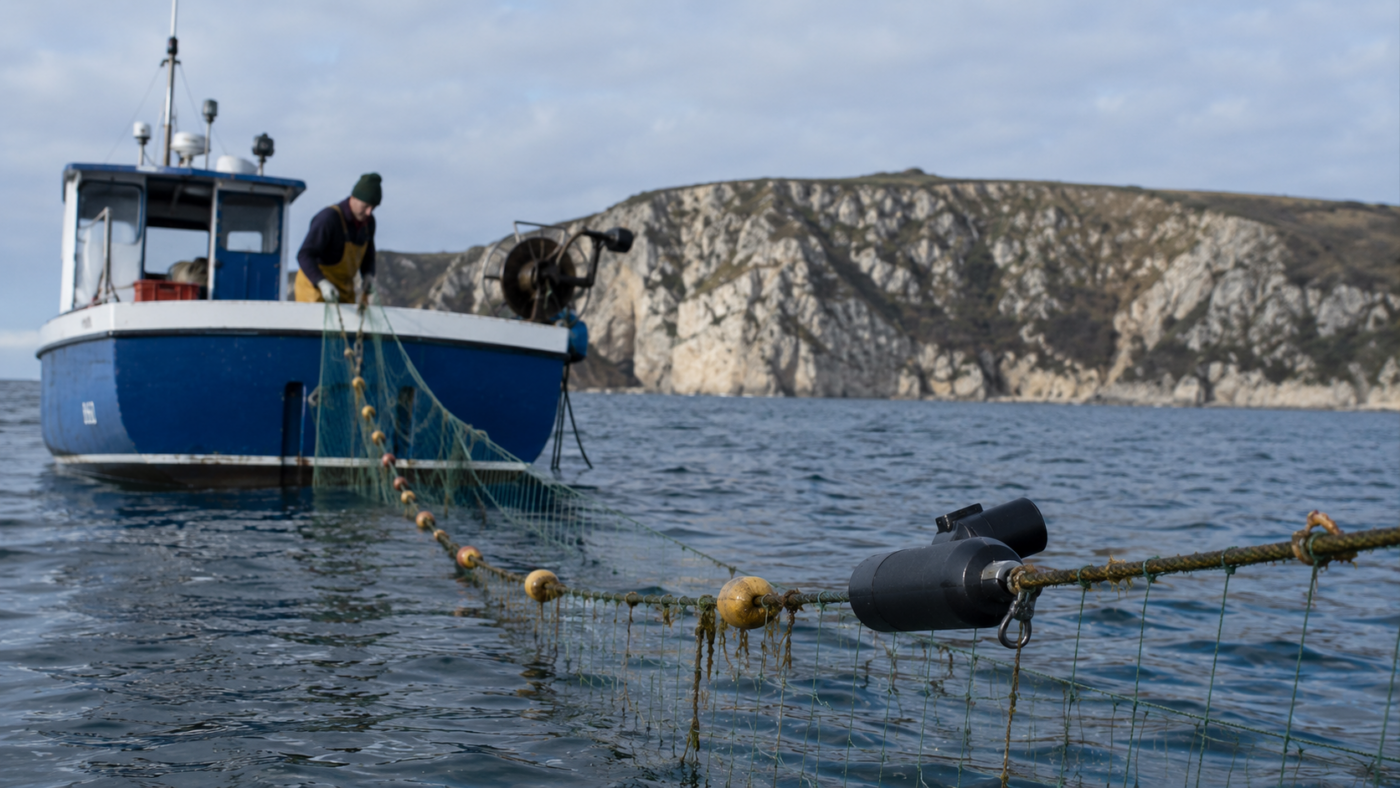 Un petit fileyeur britannique devant des falaises des Cornouailles, un enregistreur acoustique noir accroché à la ligne de flotteurs du filet.