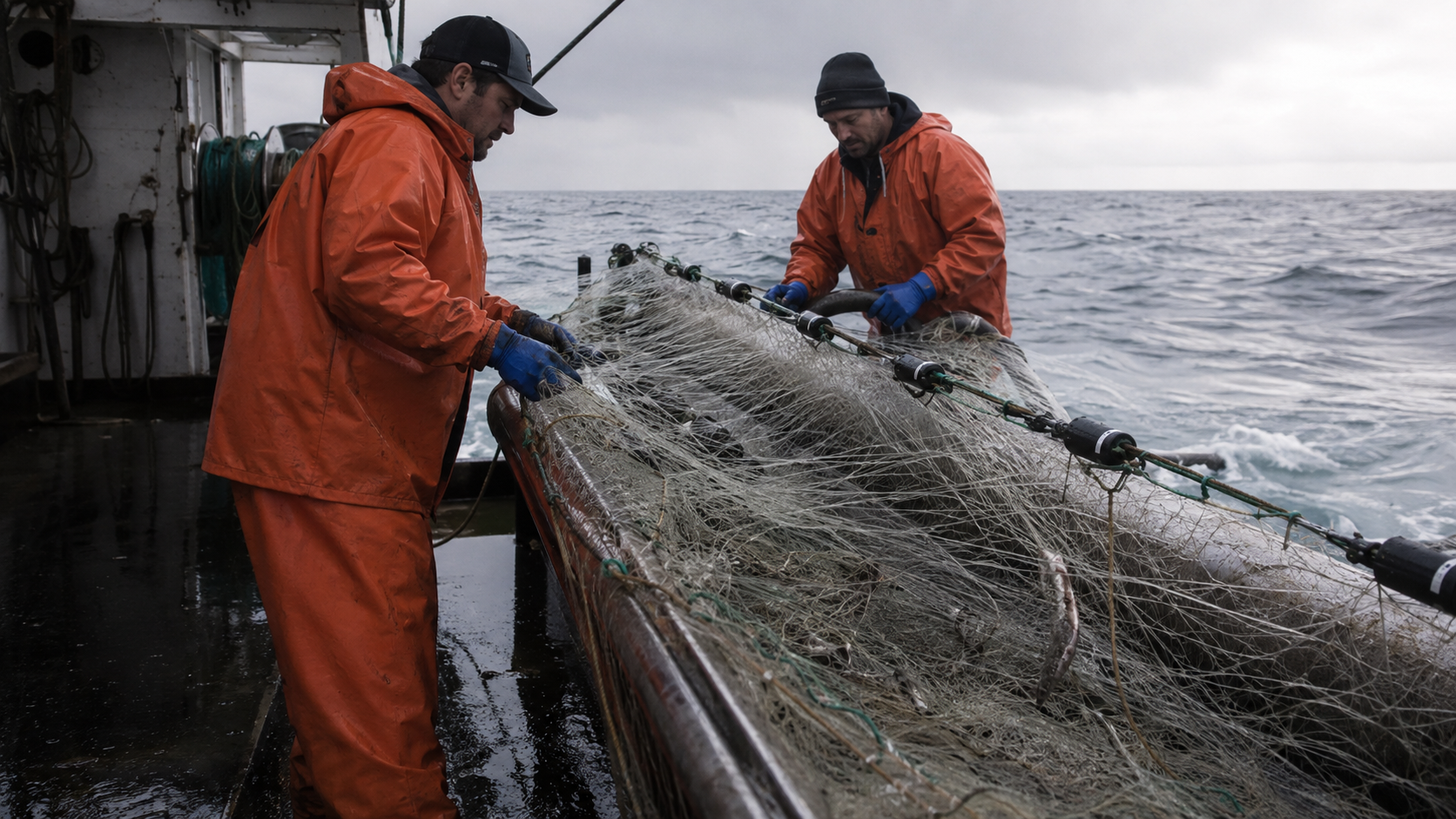 Deux marins en cirés orange remontent un filet maillant sur le rouleau d’un fileyeur atlantique, des balises acoustiques accrochées à la ligne de flotteurs.