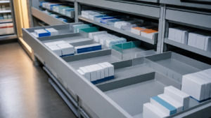Tiroirs ouverts dans la réserve d'une pharmacie, avec des emplacements vides entre les boîtes de médicaments.