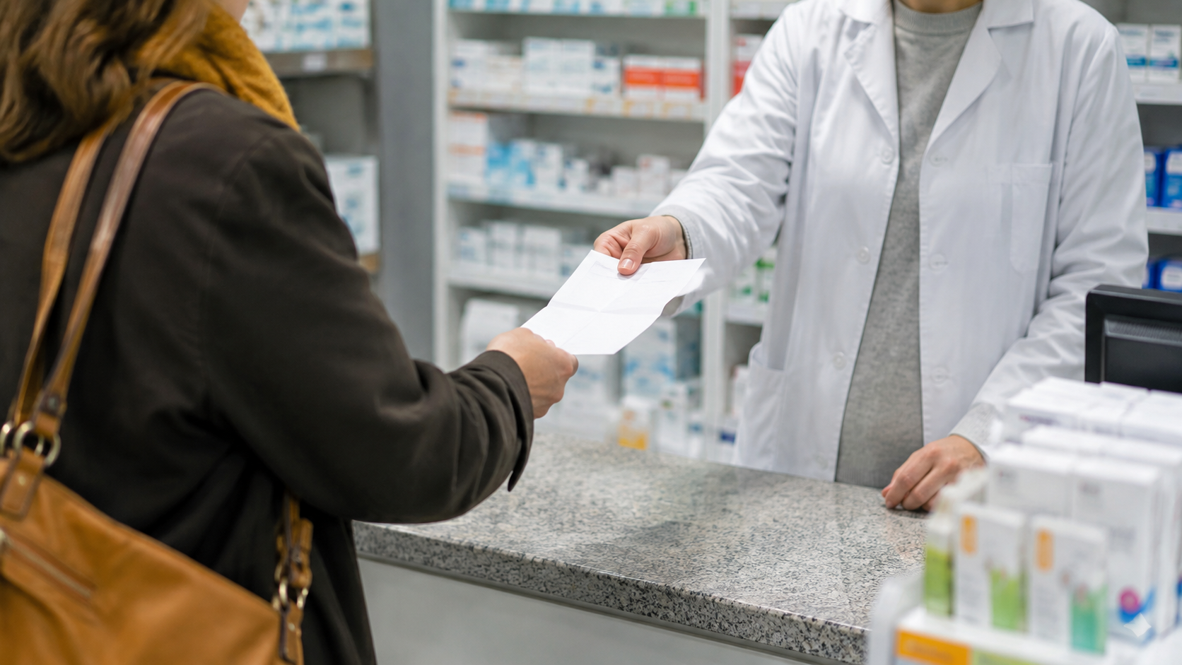 Une cliente tend une ordonnance papier à un pharmacien au comptoir d’une officine française.
