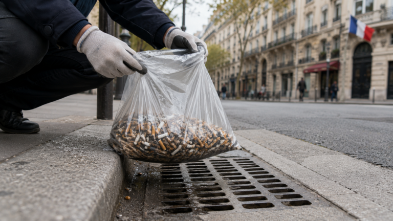 Mains gantées tenant un sac transparent rempli de mégots au-dessus d’un trottoir, près d’une grille d’égout