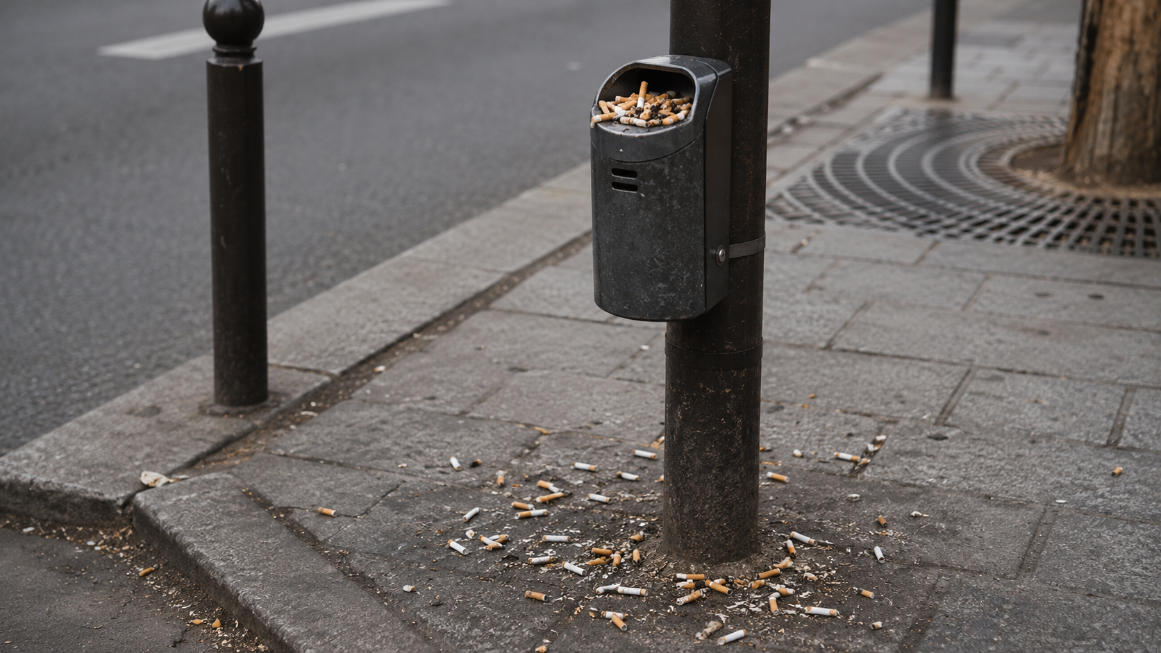 Cendrier de rue fixé sur un poteau au bord d’un trottoir, avec des mégots éparpillés au sol autour du pied