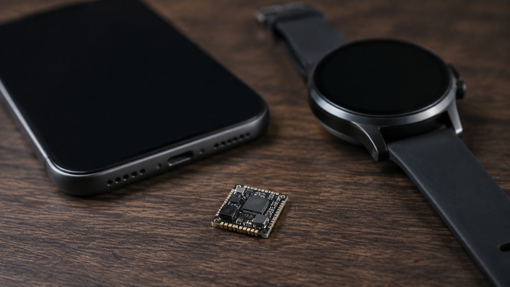 Une main pose un petit module électronique de la taille d’une pièce sur une table, à côté d’un téléphone et d’une montre connectée.