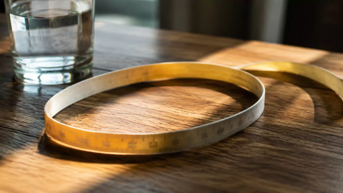 Un mètre ruban de couturière posé en boucle sur une table en bois, à côté d’un verre d’eau.