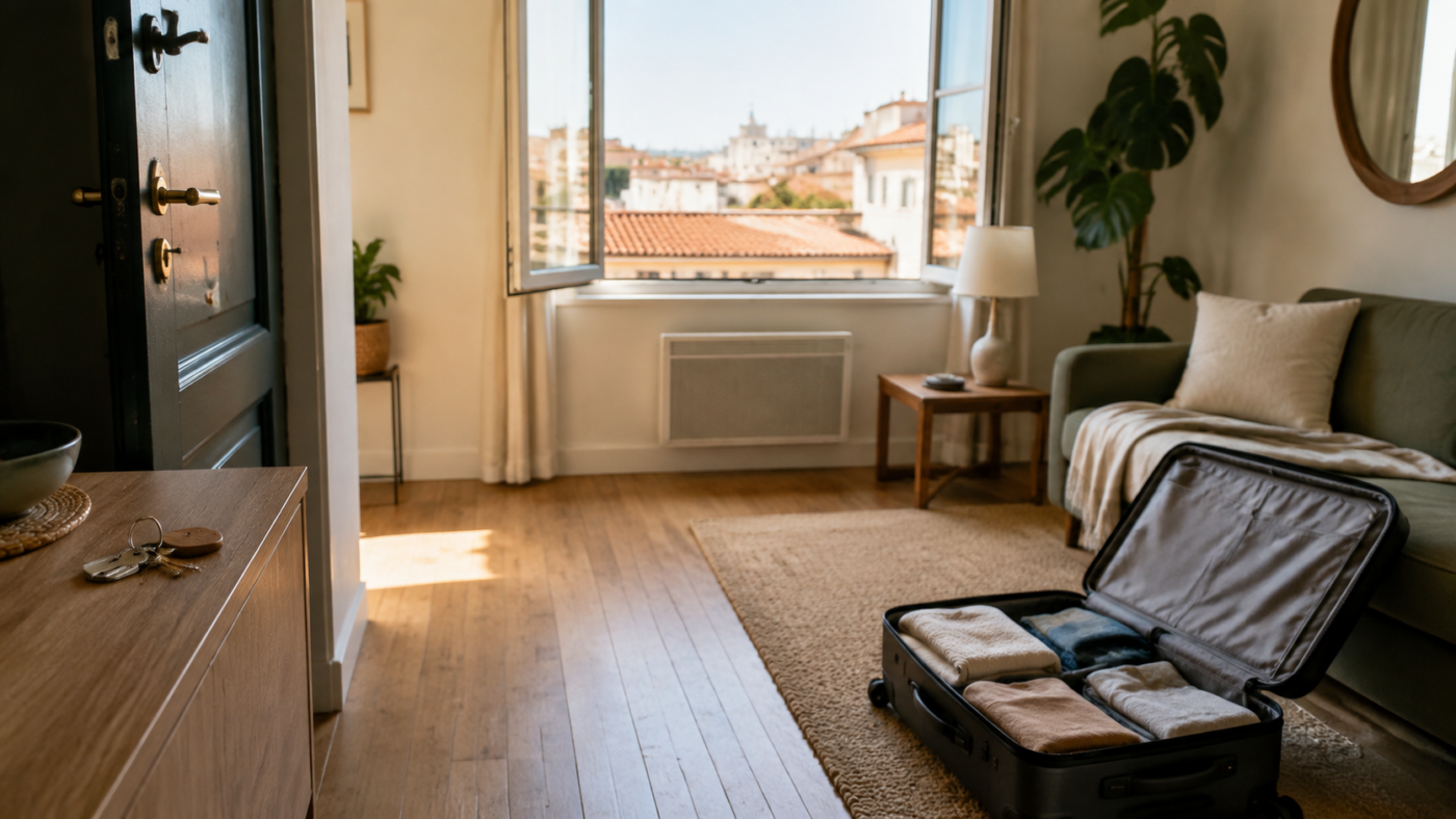 Petit meublé de vacances : valise ouverte près de la porte, clés sur une table en bois, fenêtre ouverte sur les toits.