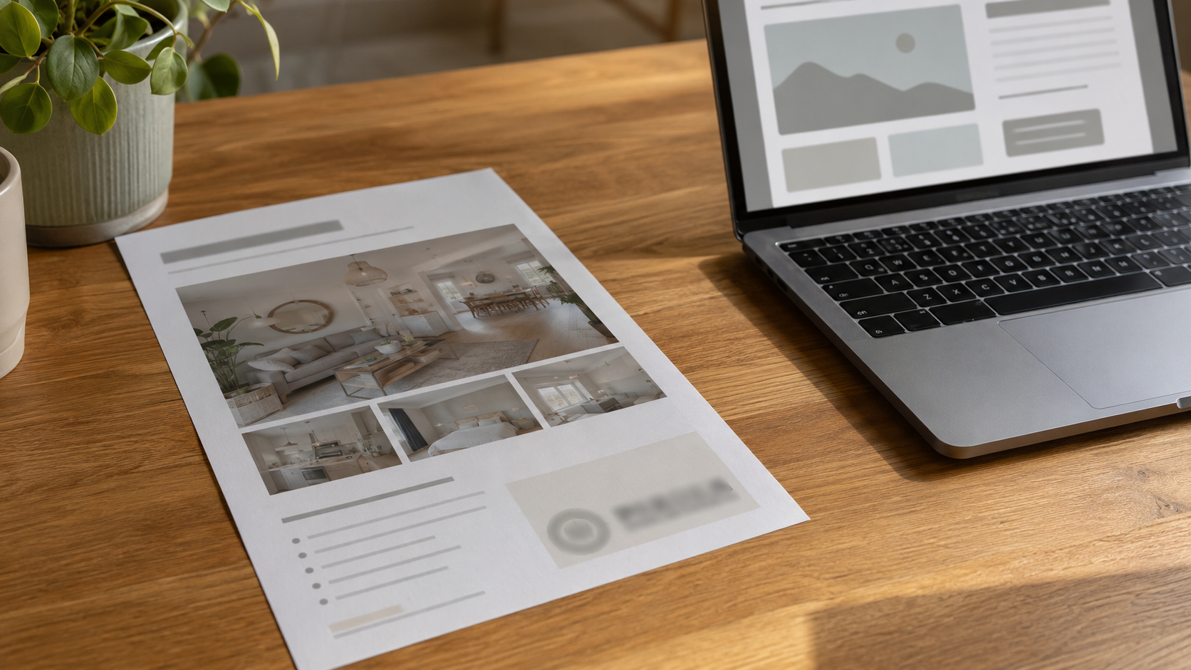 Une annonce de location imprimée posée sur une table, à côté d’un ordinateur portable ouvert sur une page de réservation.