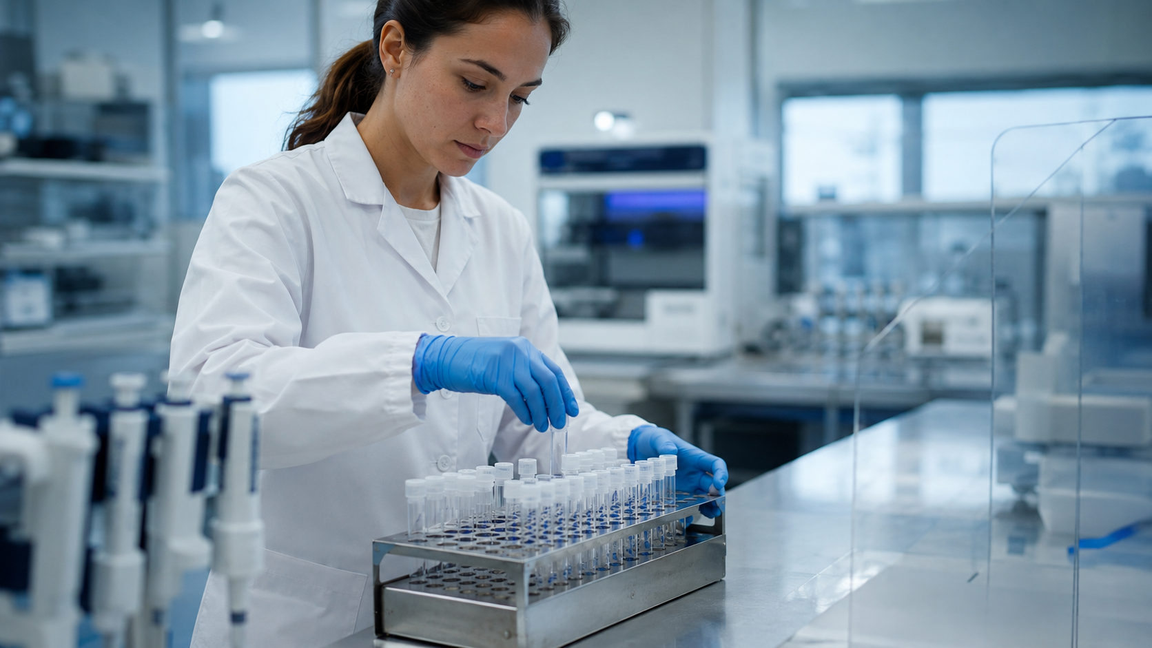 Mains gantées rangeant des tubes d’échantillons dans un portoir métallique, dans un laboratoire de génomique.