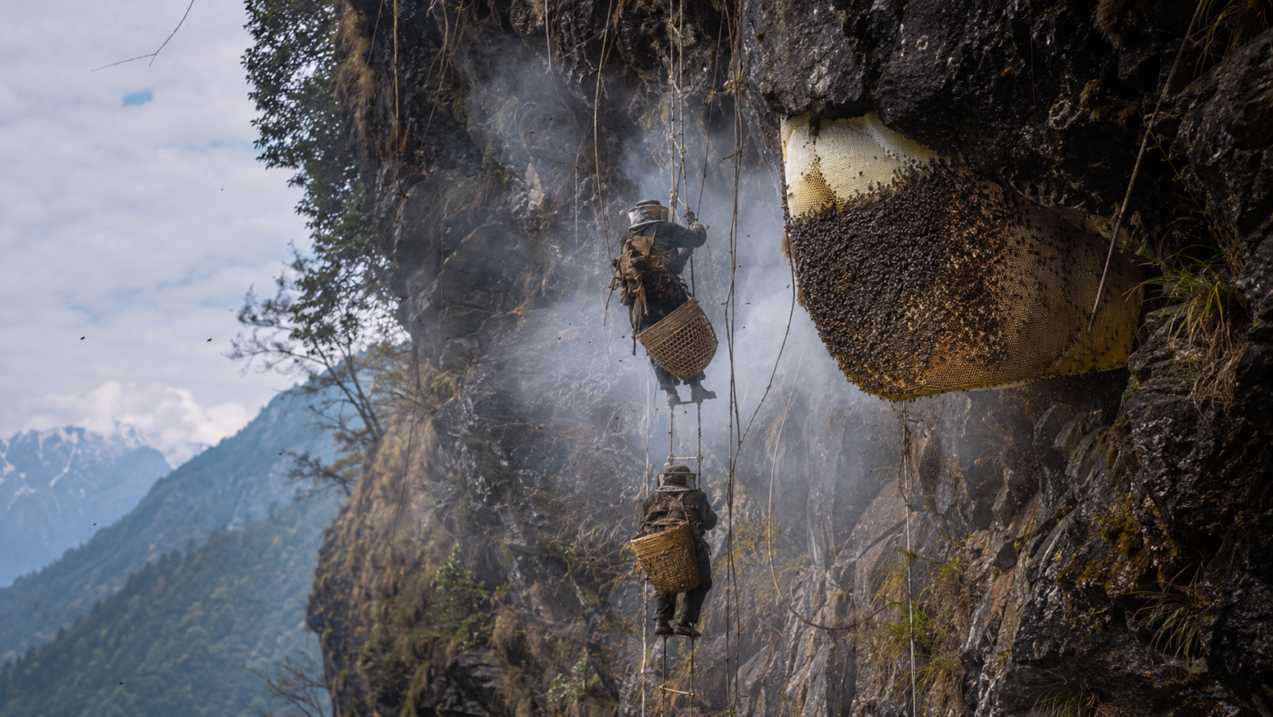 Deux récolteurs de miel suspendus à une échelle de corde le long d’une falaise himalayenne, sous un immense rayon d’abeilles sauvages.