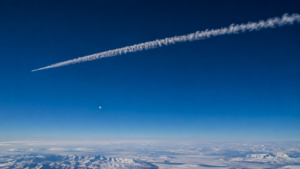 Traînée de condensation blanche dans un ciel d’altitude au-dessus d’un horizon enneigé, avec un minuscule ballon clair en contrebas