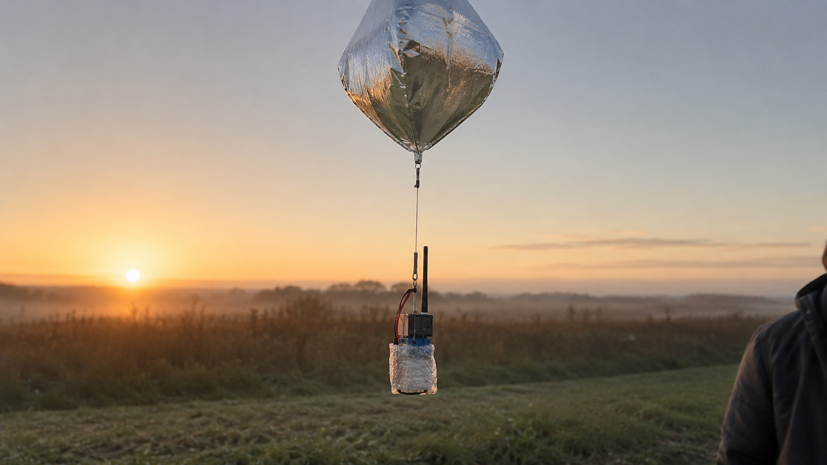 Petit ballon métallisé de radioamateur équipé d’un émetteur miniature, tenu au-dessus d’un champ au lever du jour, mains seules visibles