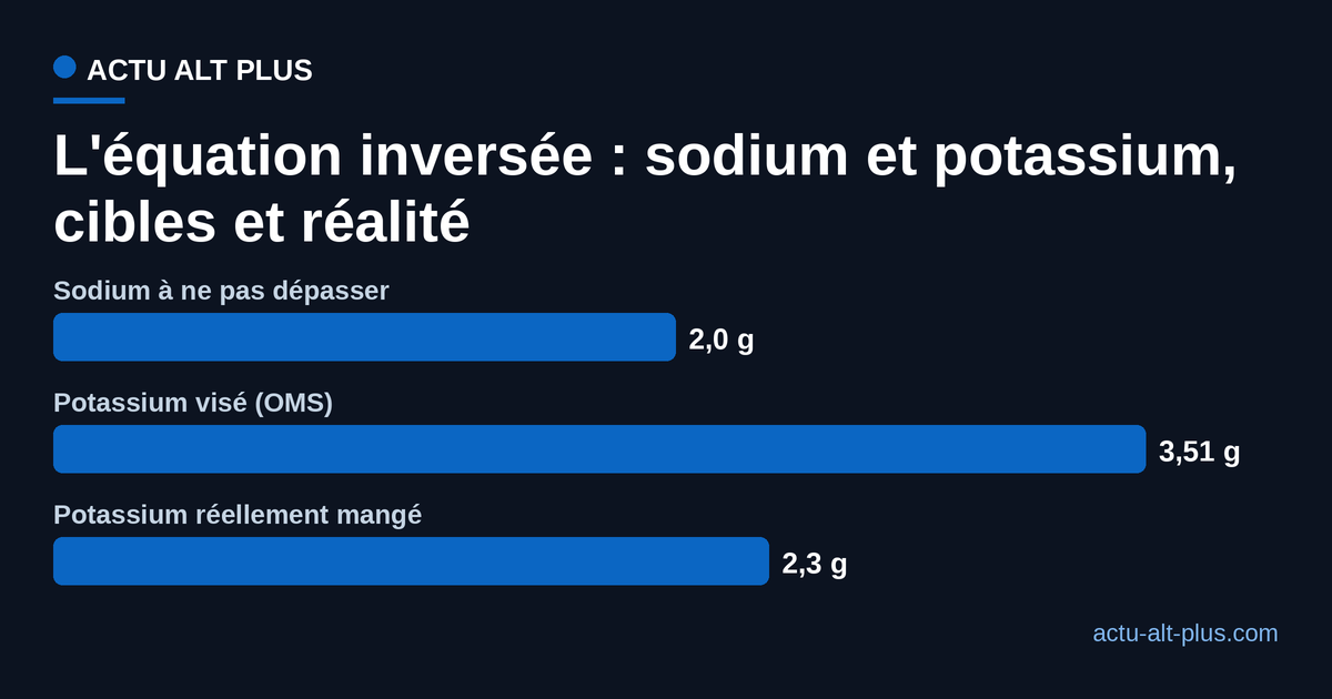 Comparaison en grammes par jour du sodium à ne pas dépasser (2 g), du potassium visé par l'OMS (3,51 g) et du potassium réellement consommé dans le monde (2,3 g)