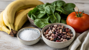Petit bol de gros sel blanc posé à côté de bananes, épinards, haricots secs et une tomate sur une table en bois clair