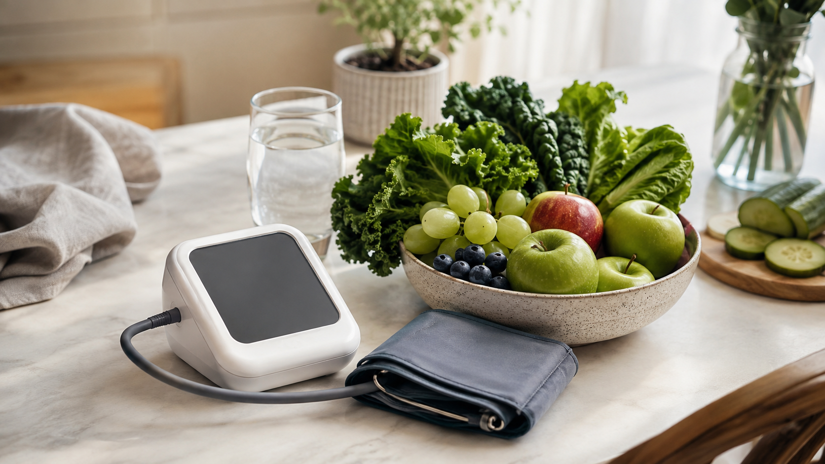 Tensiomètre domestique avec son brassard posé sur une table claire à côté d'un bol de fruits et de légumes verts