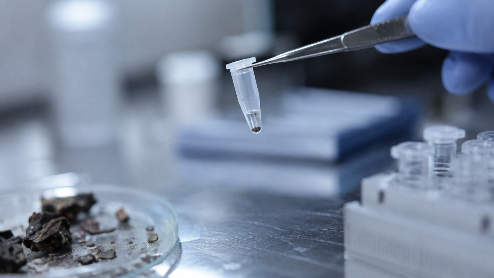 Mains gantées tenant un minuscule tube d'échantillon dans un laboratoire de paléogénétique, sans visage ni texte