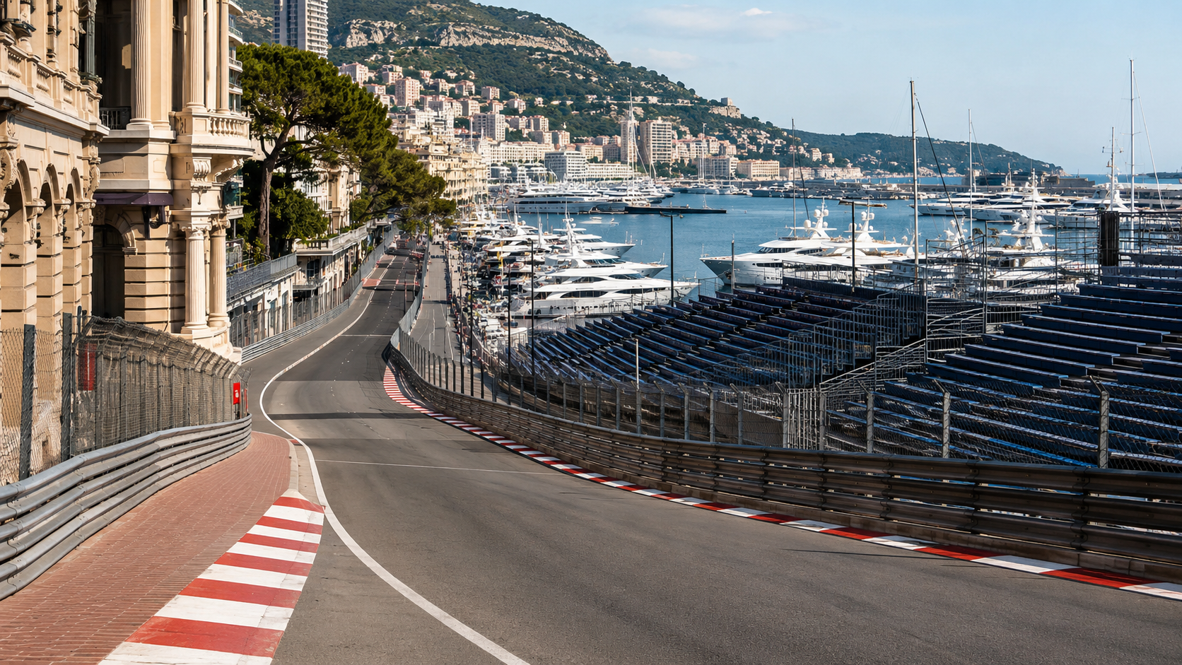 Route étroite au bord d’un port méditerranéen, bordures peintes en rouge et blanc d’un circuit automobile, barrières temporaires et tribunes vides, yachts amarrés en arrière-plan.
