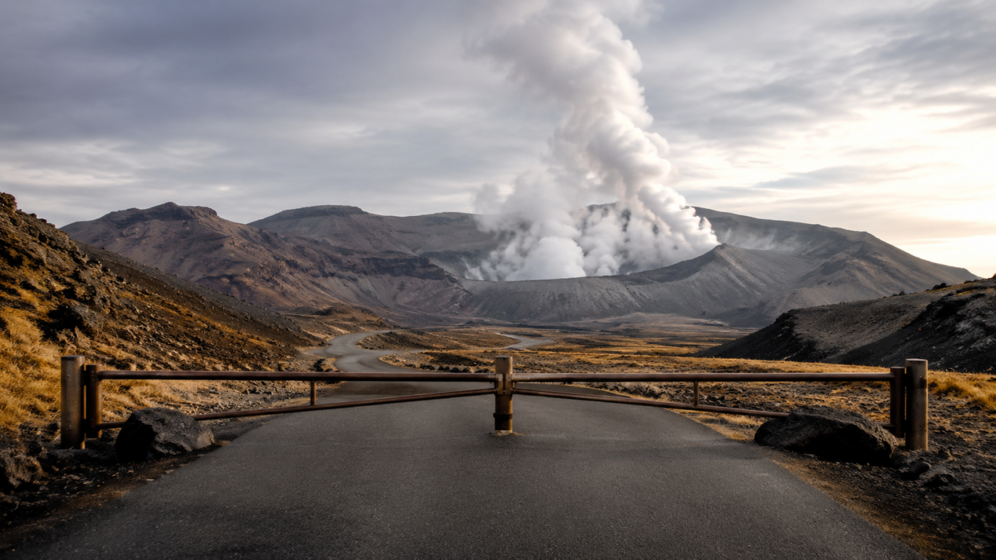Caldeira volcanique japonaise sous un ciel voilé : panache blanc de gaz au-dessus du cratère et barrière fermée en travers d’une route de montagne déserte, aucune personne dans le cadre.