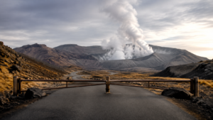 Caldeira volcanique japonaise sous un ciel voilé : panache blanc de gaz au-dessus du cratère et barrière fermée en travers d’une route de montagne déserte, aucune personne dans le cadre.