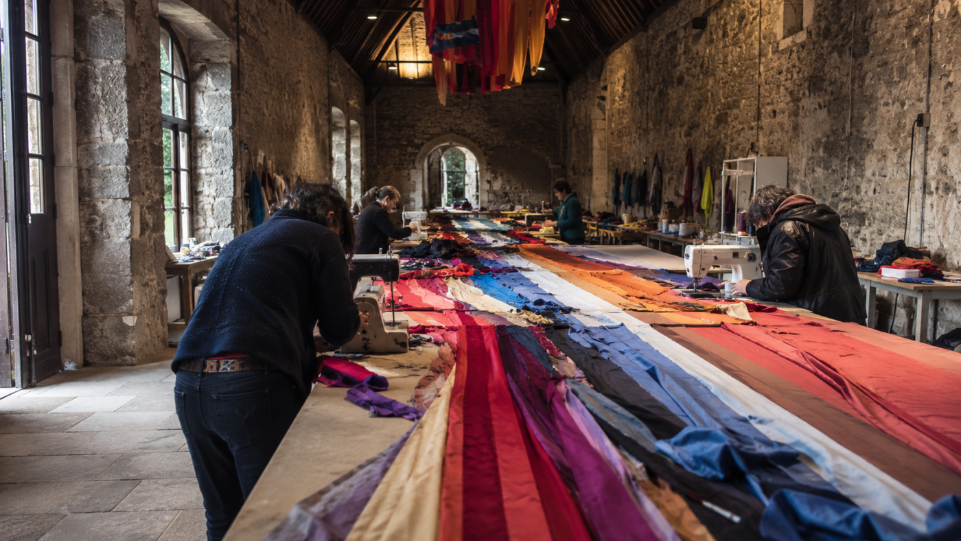 Écuries en pierre transformées en atelier de couture, longues tables couvertes de bandes de toile colorée, machines à coudre et bénévoles penchés sur l’ouvrage, vus de dos