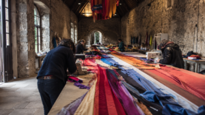 Écuries en pierre transformées en atelier de couture, longues tables couvertes de bandes de toile colorée, machines à coudre et bénévoles penchés sur l’ouvrage, vus de dos