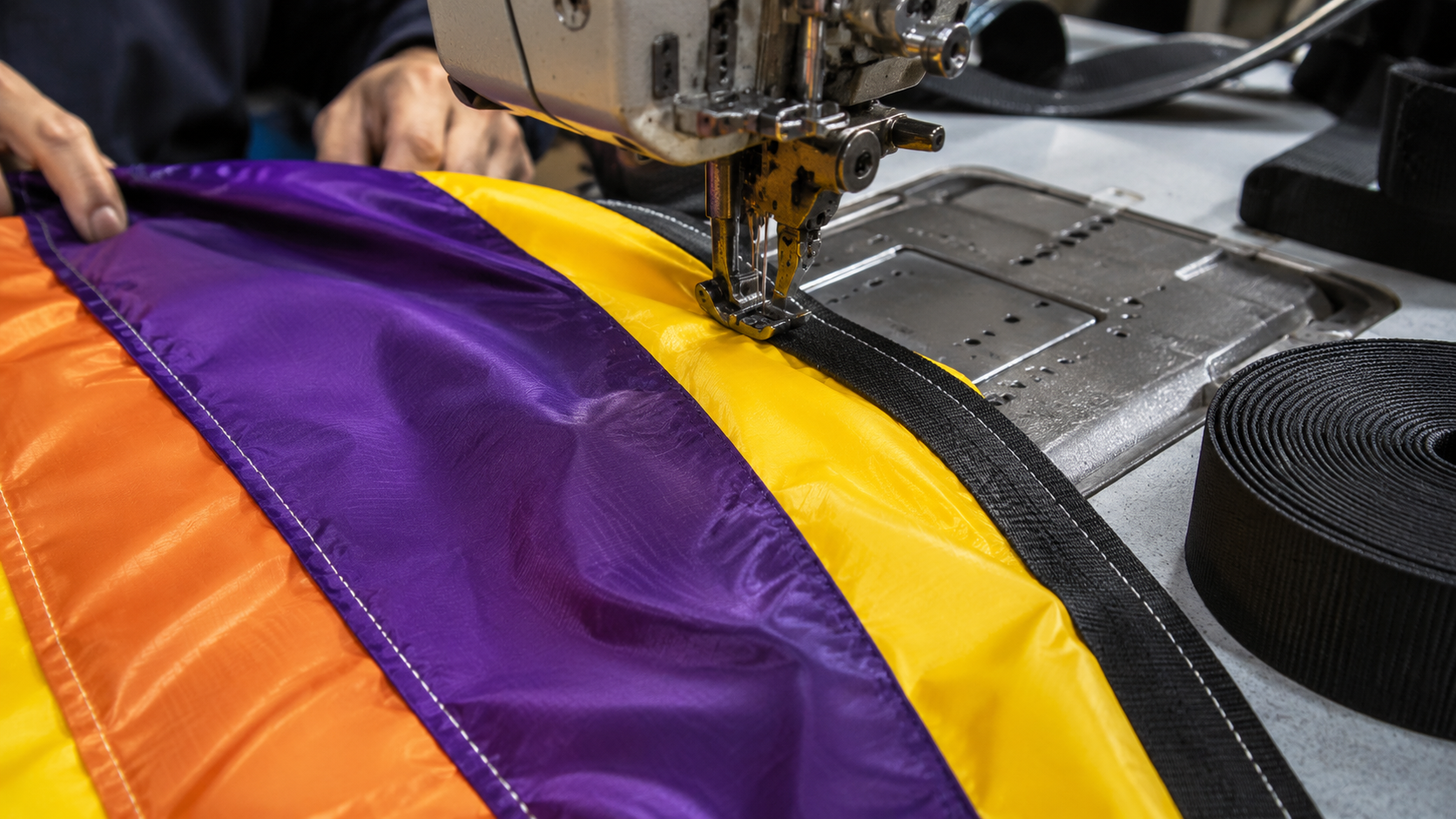 Gros plan de mains guidant une large bande de toile colorée sous l’aiguille d’une machine à coudre industrielle, sangle de renfort enroulée sur la table