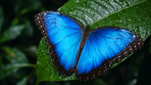 Papillon aux larges ailes bleues iridescentes posé sur une feuille verte humide en forêt tropicale.