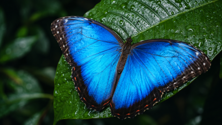 Papillon aux larges ailes bleues iridescentes posé sur une feuille verte humide en forêt tropicale.