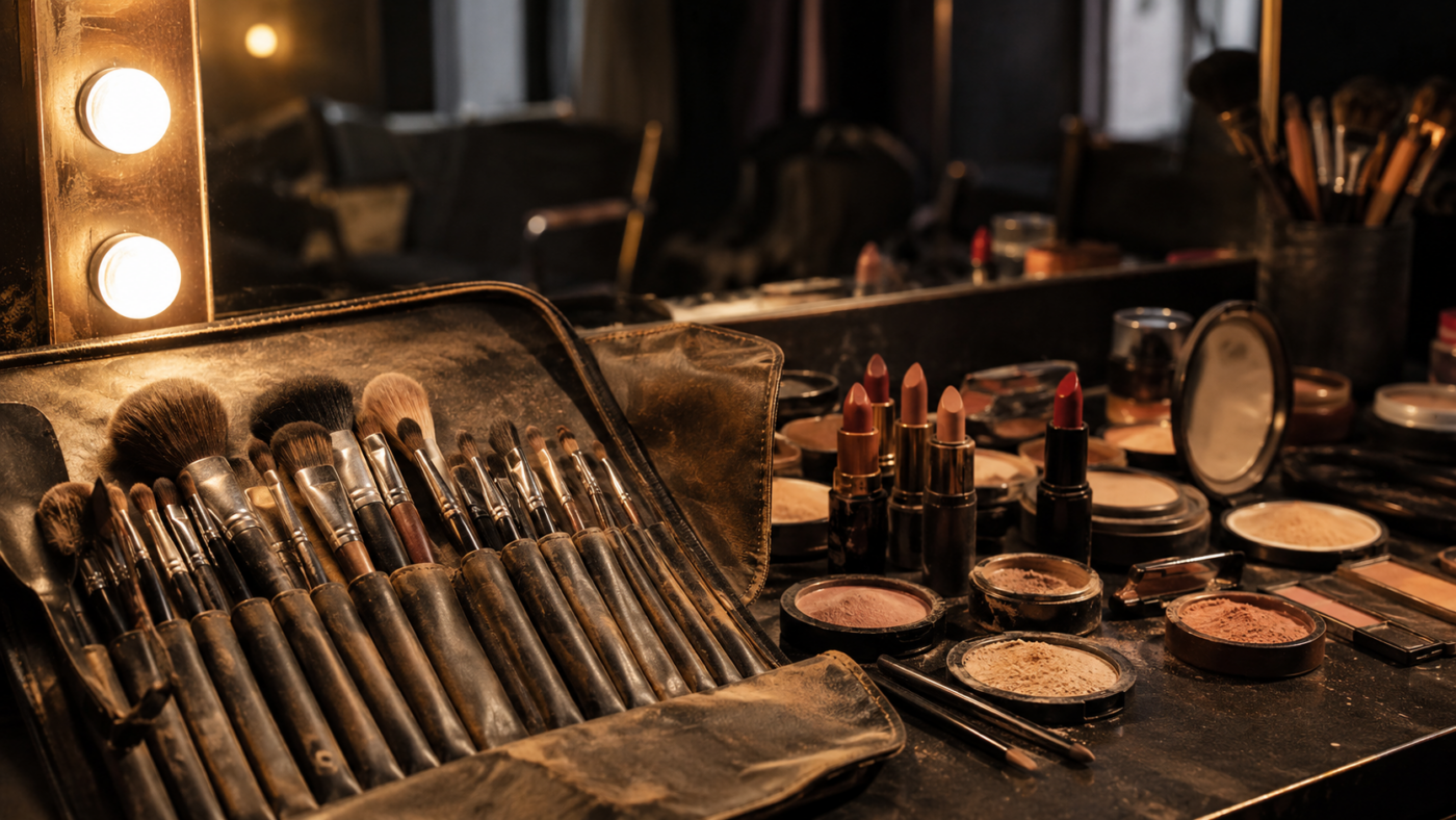 Table de maquillage d’une loge éclairée par des ampoules : pinceaux usés dans leur étui de cuir, rouges à lèvres ouverts et poudriers, aucune personne dans le cadre.