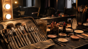 Table de maquillage d’une loge éclairée par des ampoules : pinceaux usés dans leur étui de cuir, rouges à lèvres ouverts et poudriers, aucune personne dans le cadre.