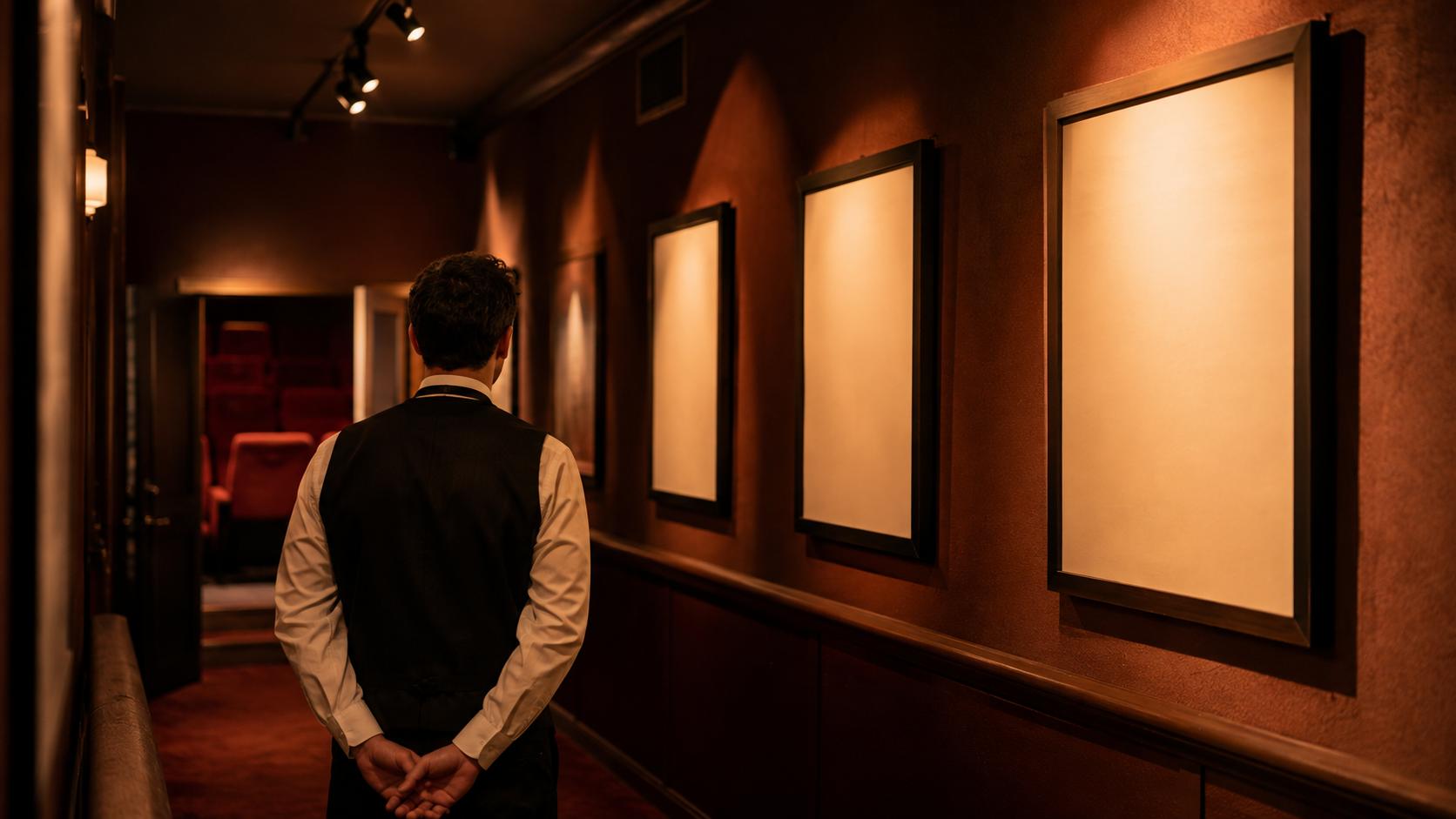Hall d'un petit cinéma d'art et essai éclairé à la lumière chaude, cadres d'affiches vides et ouvreur vu de dos.