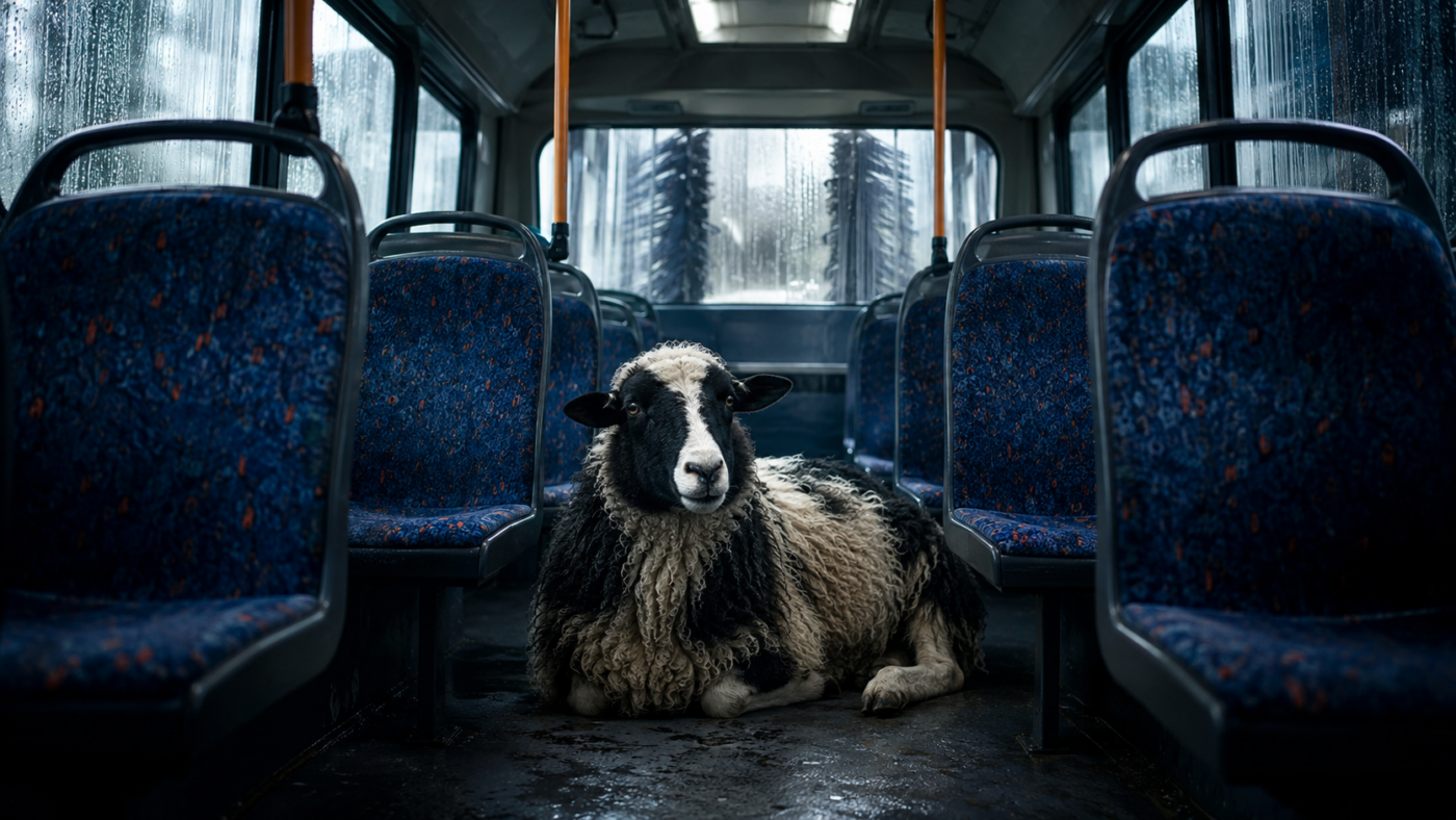 Mouton noir et blanc couché dans l’espace pour les pieds entre deux rangées de sièges, dans un bus vide aux vitres ruisselantes.