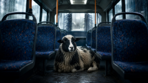 Mouton noir et blanc couché dans l’espace pour les pieds entre deux rangées de sièges, dans un bus vide aux vitres ruisselantes.
