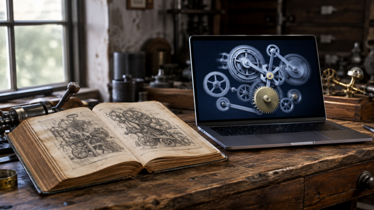 Livre technique ancien ouvert sur un établi en bois, à côté d’un ordinateur portable affichant un schéma d’engrenages en mouvement.