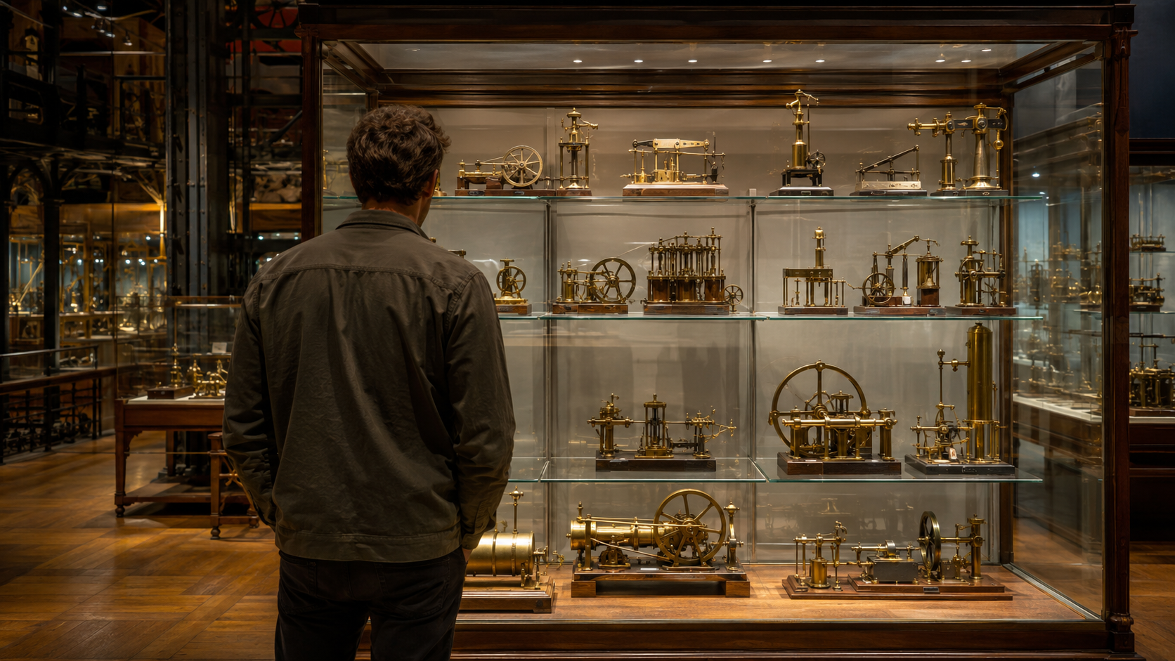 Vitrines d’un musée technique parisien remplies de maquettes de machines en laiton, un visiteur de dos devant l’une d’elles.