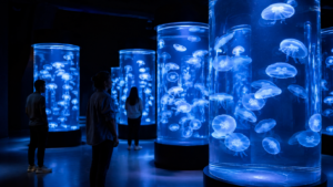 Dans une salle sombre, des cylindres éclairés en bleu laissent dériver des dizaines de méduses translucides devant trois visiteurs vus de dos.