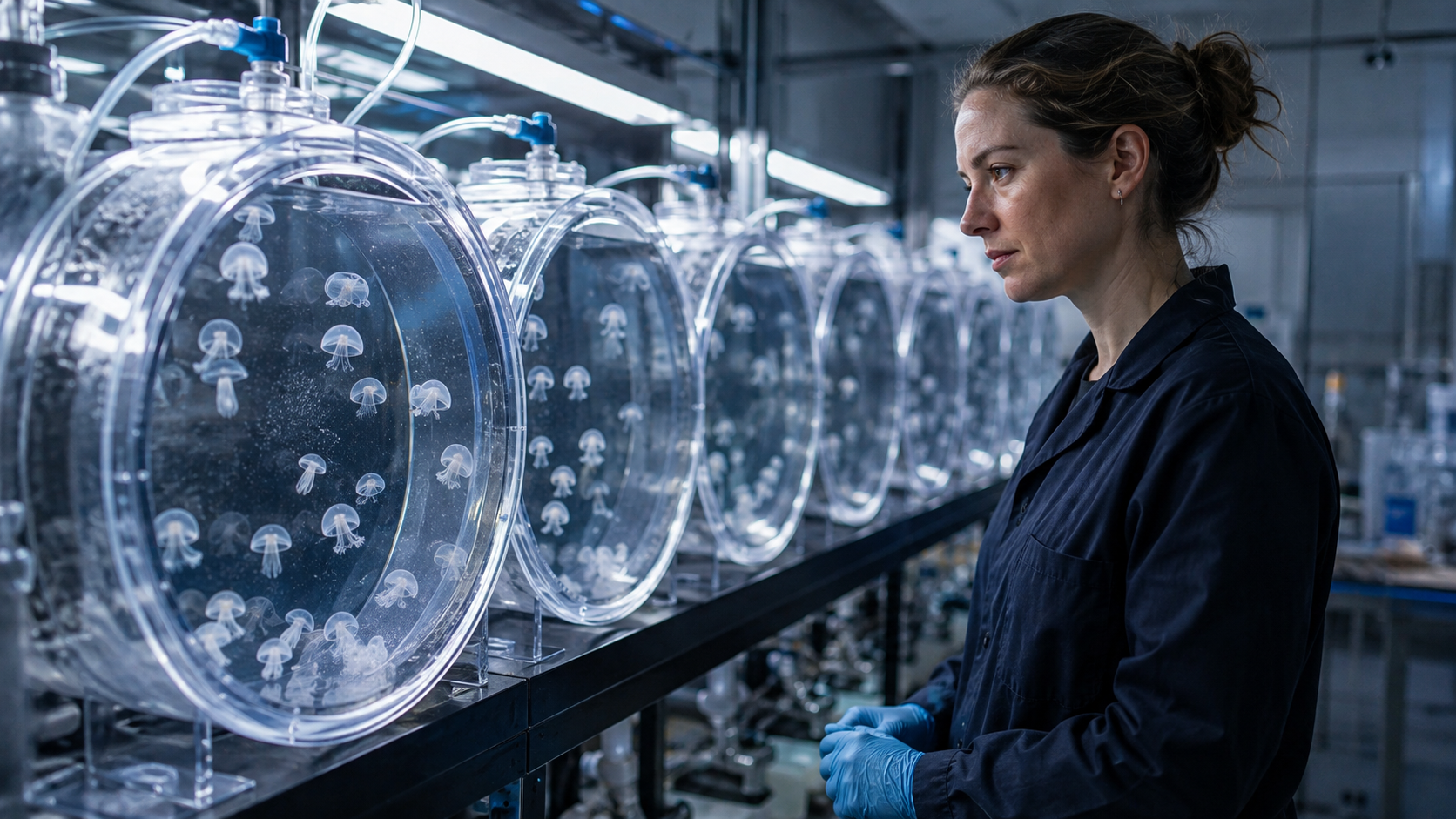 Une biologiste en gants bleus surveille une rangée de petits bacs circulaires où grandissent de jeunes méduses, dans un laboratoire d’aquarium.