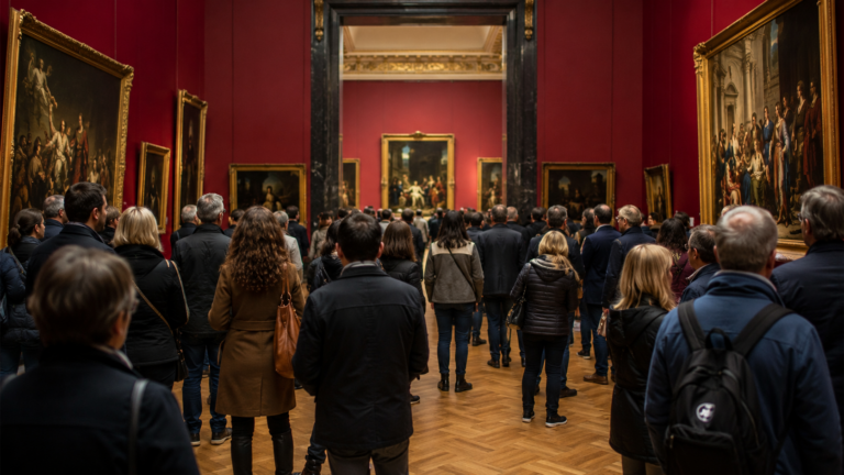Foule de visiteurs adultes dans une grande galerie d’un musée parisien, vue de dos, parquet et cimaises rouges.