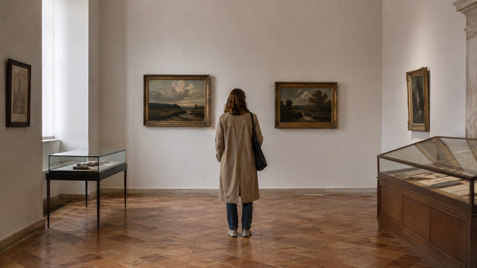 Visiteur seul dans une salle d’exposition presque vide d’un petit musée municipal français.