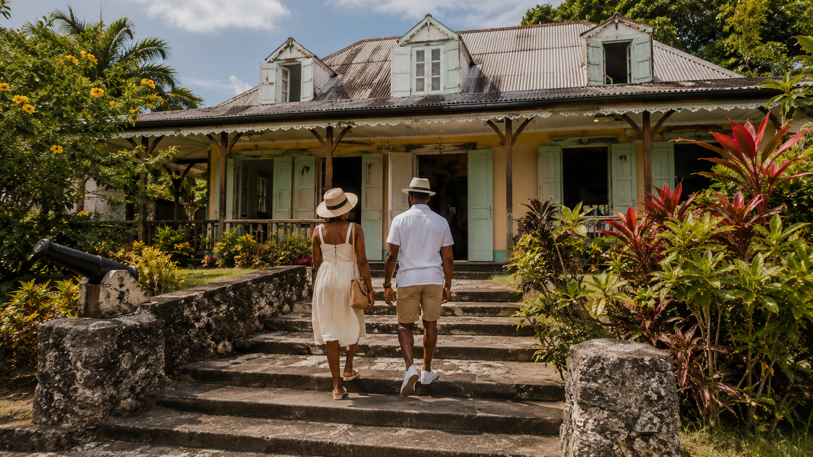 Petit musée de patrimoine en Guadeloupe, bâtisse créole aux volets pastel, deux visiteurs de dos sur les marches.