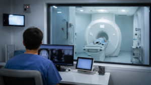 Salle d’IRM d’un hôpital français, un manipulateur en tenue bleue de dos surveille l’examen depuis la vitre de commande
