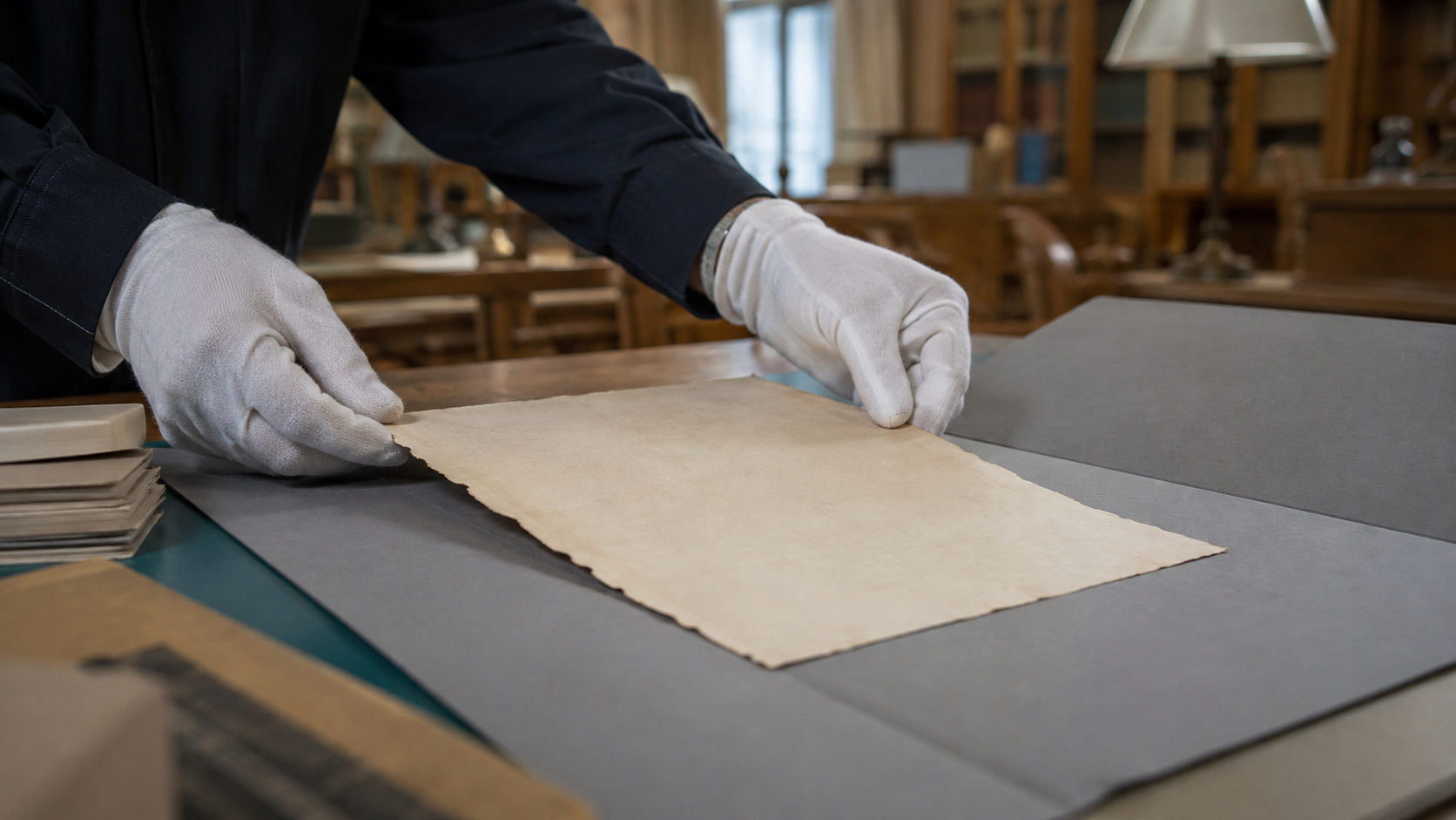 Mains gantées de blanc posant une feuille de papier ancien vierge sur un carton d’archives gris, dans une salle de lecture de bibliothèque à Paris.