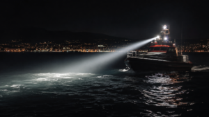 Vedette de sauvetage balayant de son projecteur les eaux sombres d’un golfe méditerranéen en pleine nuit, lumières d’une ville côtière au loin